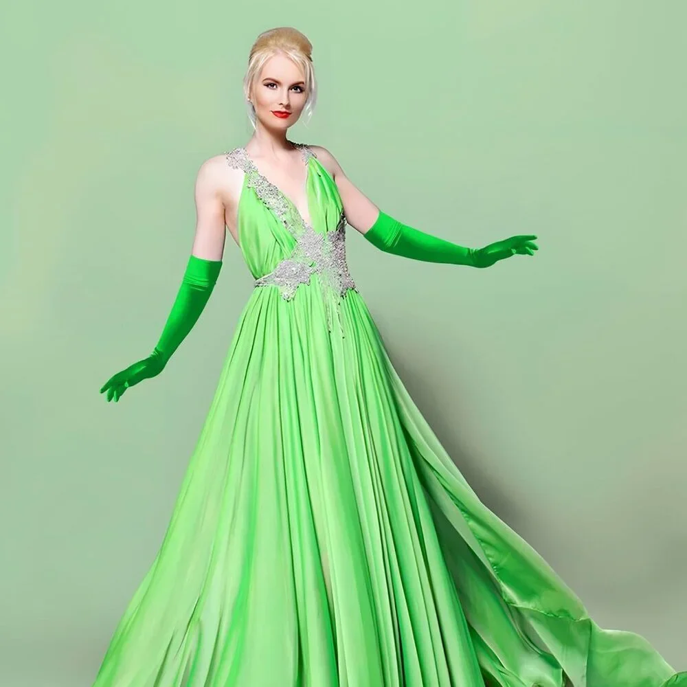 Women's Green Long Satin Opera Fabric Gloves Party Tea Stretchy Elbow Length